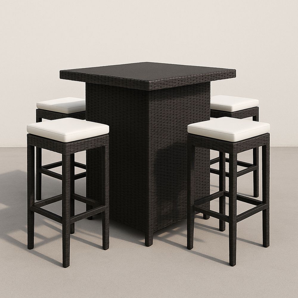 Ensemble table haute et tabourets en rotin synthétique avec coussins blancs