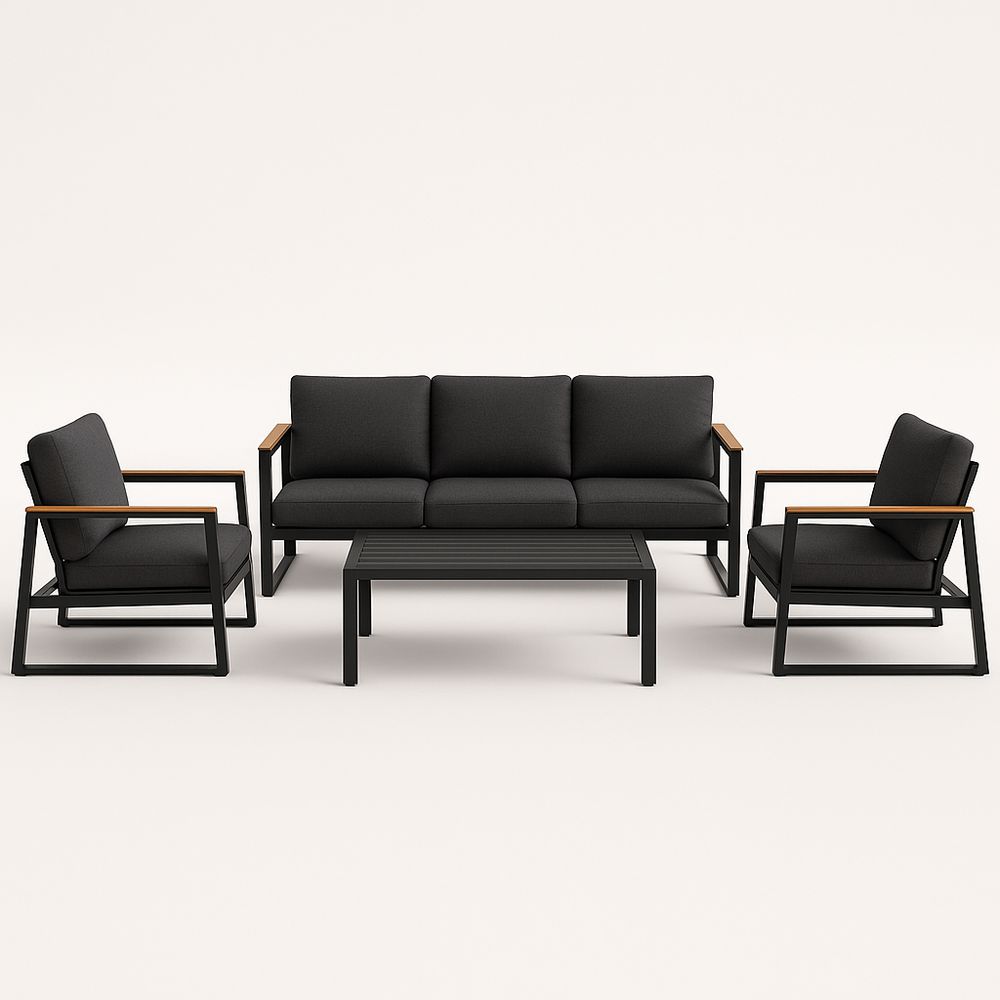 Ensemble salon extérieur métal noir avec coussins en tissu