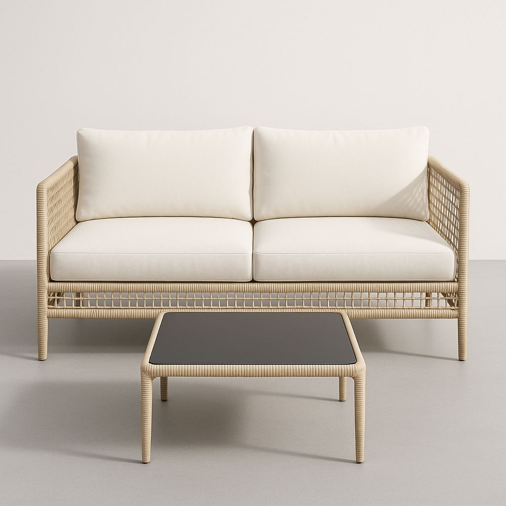 Ensemble canapé et table basse rotin synthétique beige coussins crème