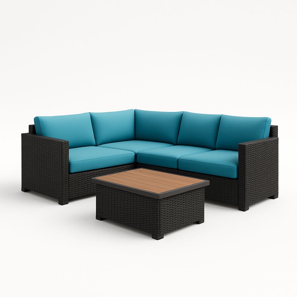 Ensemble Canapé d'Angle Extérieur Résine Tressée Coussin Bleu