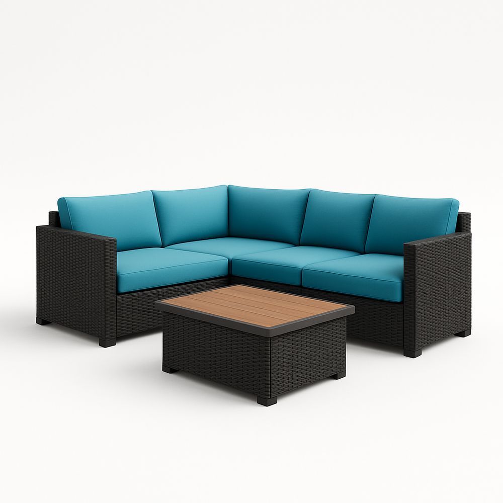 Ensemble Canapé d'Angle Extérieur Résine Tressée Coussin Bleu