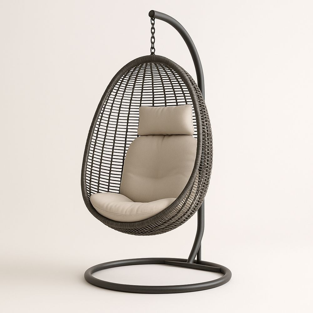 Chaise suspendue en rotin synthétique avec support en acier et coussin beige