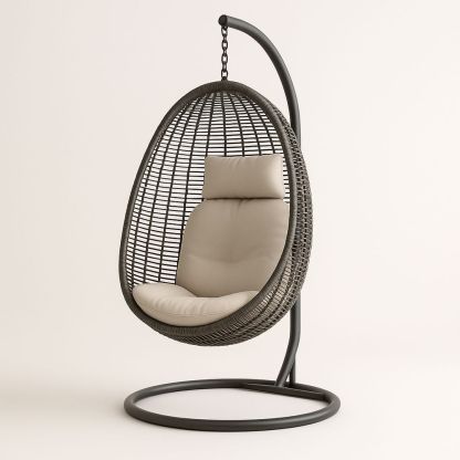 Chaise suspendue en rotin synthétique avec support en acier et coussin beige