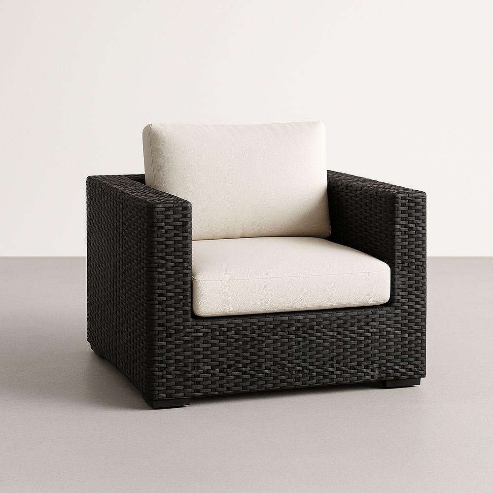 Fauteuil en Résine Tressée avec Coussins Amovibles Noir/Beige