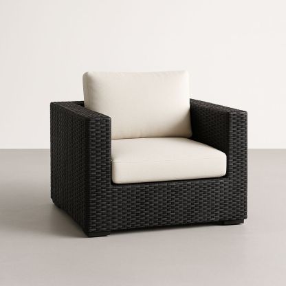 Fauteuil en Résine Tressée avec Coussins Amovibles Noir/Beige