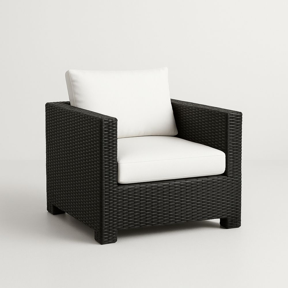 Fauteuil de jardin en résine tressée noir avec coussins blancs