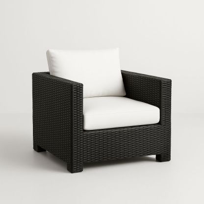 Fauteuil de jardin en résine tressée noir avec coussins blancs