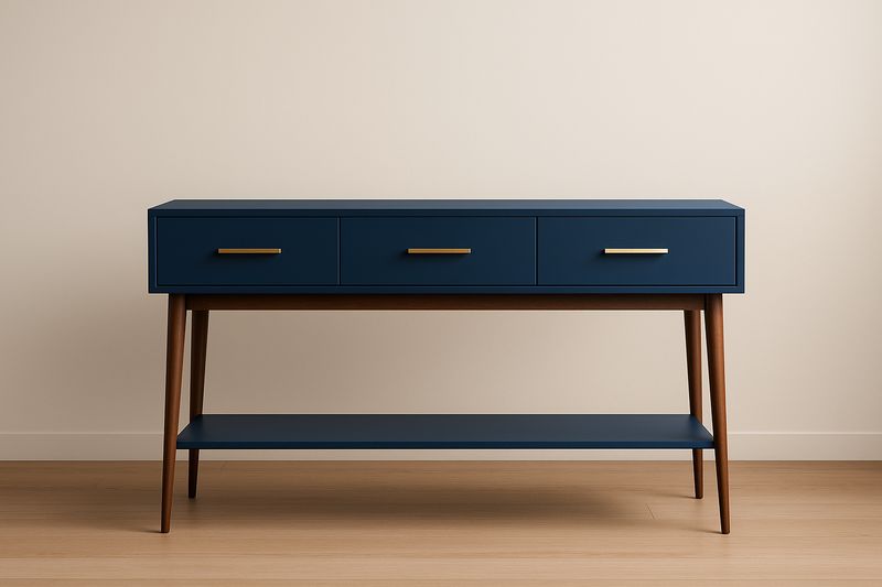 Console avec tiroirs en MDF bleu et bois