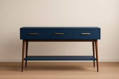 Console avec tiroirs en MDF bleu et bois