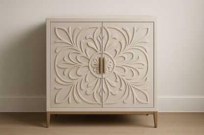 Buffet en Bois Composite avec Motifs Floraux, Blanc Crème, 80x80x40 cm