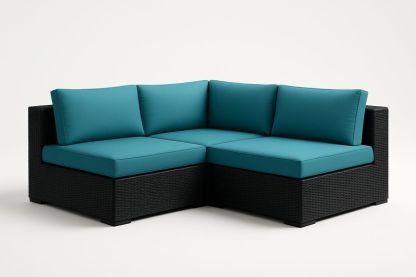 Canapé de jardin aluminium PE tressé noir avec coussins turquoise, 220×75×70 cm