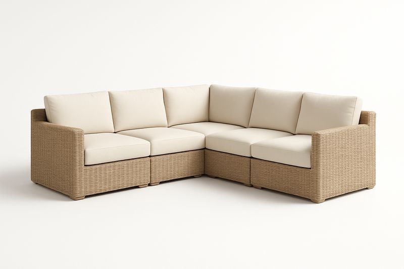 Canapé d'angle modulable en résine tressée beige avec coussins beige