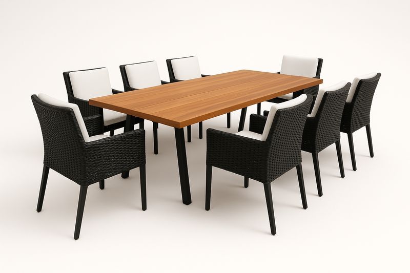 Ensemble salle à manger extérieur 9 pièces : table en teck massif 200×100×75 cm et 8 chaises en aluminium et rotin synthétique avec coussins blancs
