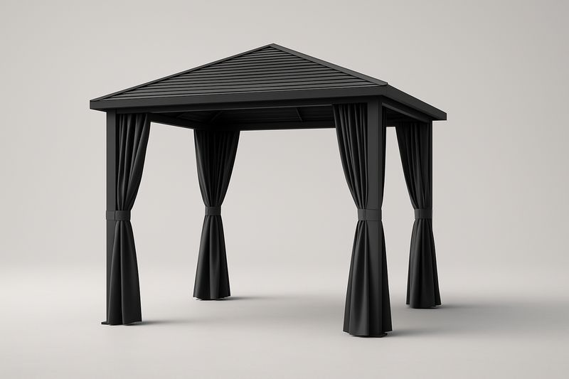 Pergola 3x3 m Noir - Structure acier et toit aluminium avec rideaux polyester