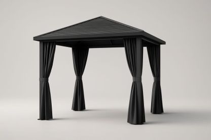 Pergola 3x3 m Noir - Structure acier et toit aluminium avec rideaux polyester