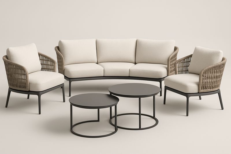 Salon de jardin en aluminium avec cordage PE et coussins polyester beige, canapé 210×85×75 cm, fauteuils 75×80×75 cm, tables 50/60 cm, noir/brun