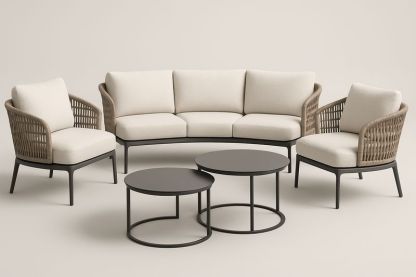 Salon de jardin en aluminium avec cordage PE et coussins polyester beige, canapé 210×85×75 cm, fauteuils 75×80×75 cm, tables 50/60 cm, noir/brun