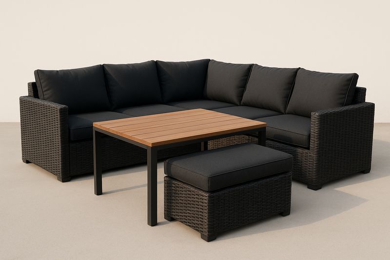 Salon d’angle de jardin en aluminium avec revêtement PE tressé noir, coussins polyester amovibles noirs, table WPC brun, canapé 250×75×70 cm, repose-pied 60×60×35 cm, table 90×60×40 cm, set 3 pièces