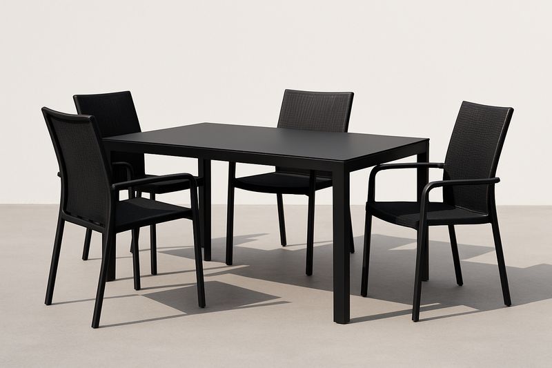Ensemble repas extérieur 5 pièces : table en acier époxy 150×90×75 cm et 4 chaises en acier avec assise PE tressée – Noir