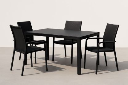Ensemble repas extérieur 5 pièces : table en acier époxy 150×90×75 cm et 4 chaises en acier avec assise PE tressée – Noir