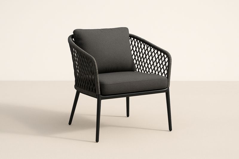 Chaise en aluminium avec cordage en polypropylène, assise et dossier en tissu polyester anthracite, dimensions 75x80x70 cm