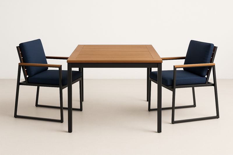 Ensemble repas 3 pièces extérieur : table WPC 90×90×75 cm et 2 chaises acier avec coussins – Brun/Bleu foncé