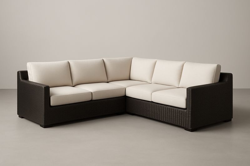 Canapé d’angle de jardin aluminium PE tressé ivoire/marron avec coussins polyester, 250×250×80 cm