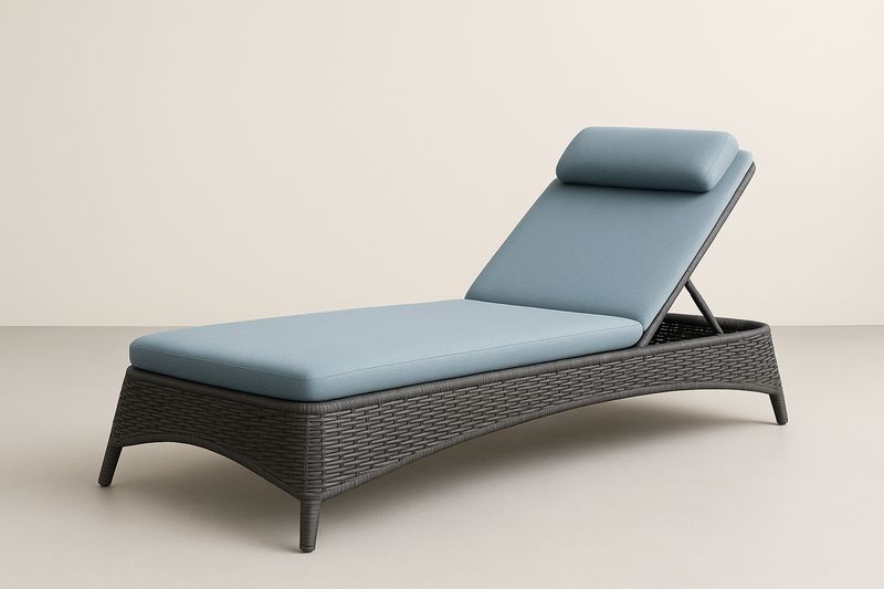 Chaise longue en résine tressée gris avec matelas bleu en tissu polyester, dossier inclinable, têtière amovible, dimensions 30x65x195 cm