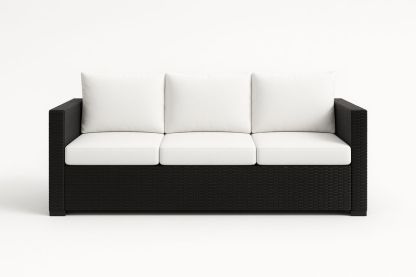 Canapé 3 places en résine tressée noir et coussins blancs