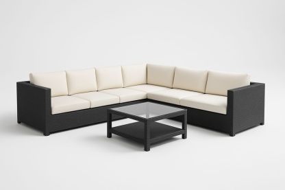 Canapé d’angle de jardin en aluminium PE tressé noir avec coussins crème amovibles et table basse en verre 70×70 cm