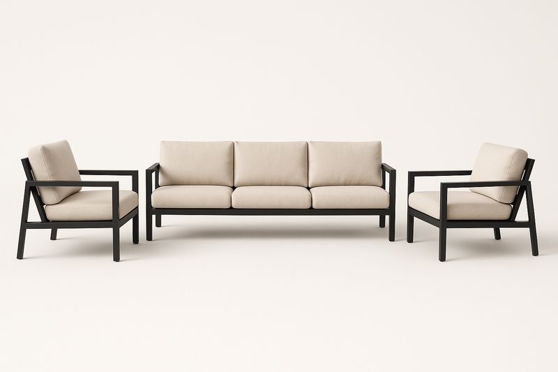 Salon de jardin en aluminium noir avec coussins polyester beige, canapé et 2 fauteuils