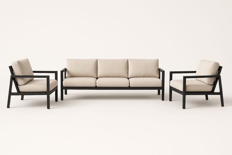 Salon de jardin en aluminium noir avec coussins polyester beige, canapé et 2 fauteuils