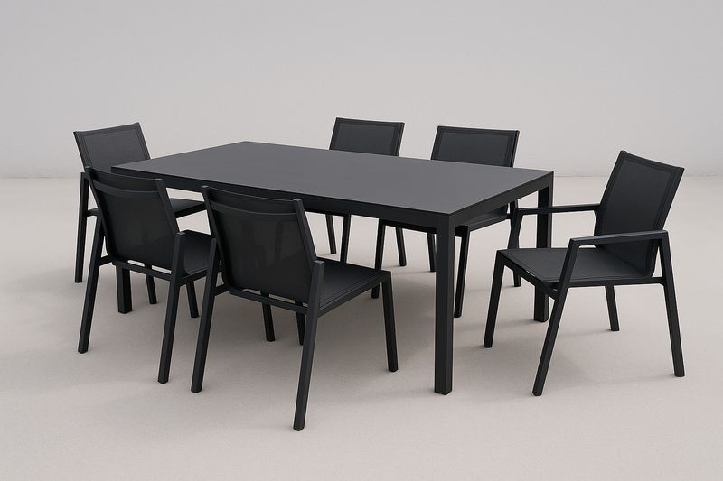Ensemble table et 6 chaises en aluminium noir 180 x 90 cm
