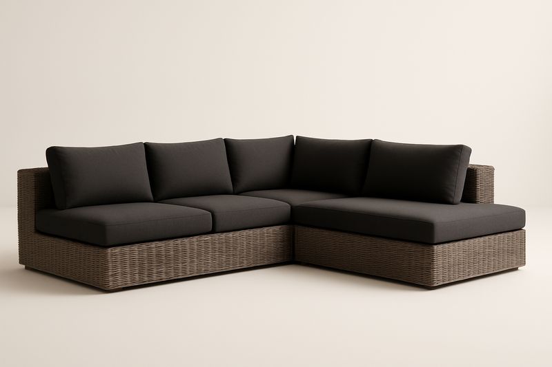 Canapé d’angle de jardin aluminium PE tressé marron/noir avec coussins polyester, 250×200×85 cm