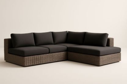 Canapé d’angle de jardin aluminium PE tressé marron/noir avec coussins polyester, 250×200×85 cm