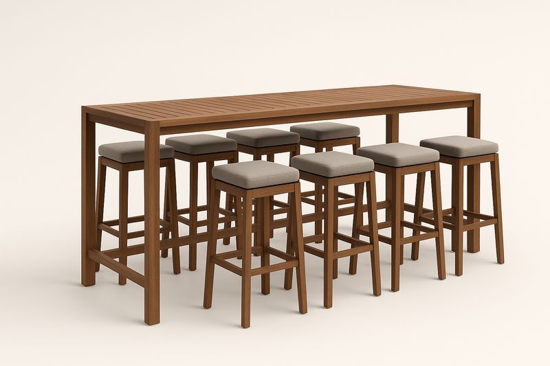 Ensemble table haute en acacia avec 8 tabourets et coussins, brun/gris clair