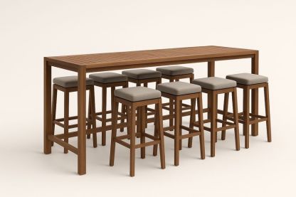 Ensemble table haute en acacia avec 8 tabourets et coussins, brun/gris clair