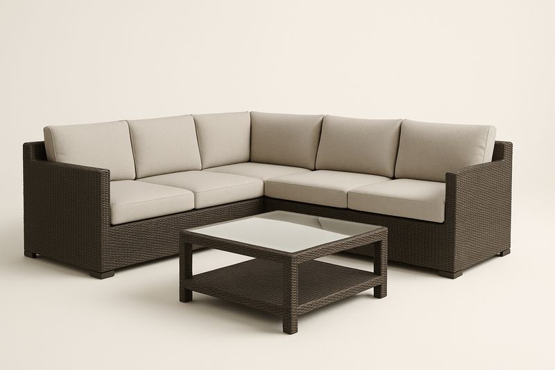 Canapé d'angle de jardin en aluminium PE tressé brun avec coussins beige et table basse