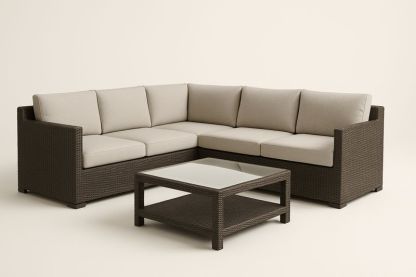 Canapé d'angle de jardin en aluminium PE tressé brun avec coussins beige et table basse