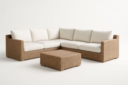 Canapé d'angle de jardin en aluminium PE tressé avec coussins polyester et table basse