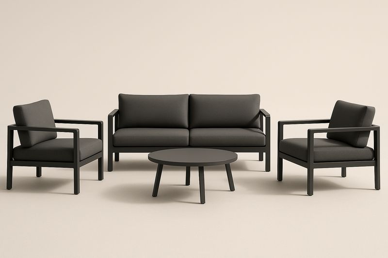 Salon de jardin aluminium avec coussins polyester, canapé 3 places, 2 fauteuils et table basse ronde 60 cm