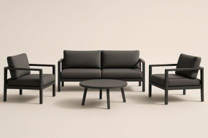 Salon de jardin aluminium avec coussins polyester, canapé 3 places, 2 fauteuils et table basse ronde 60 cm