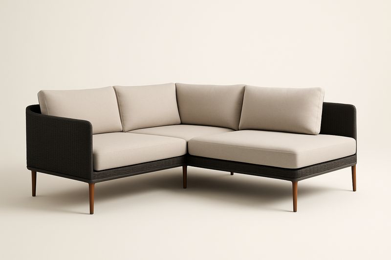 Canapé d’angle de jardin aluminium PE tressé beige/brun avec coussins polyester, 250×160×85 cm