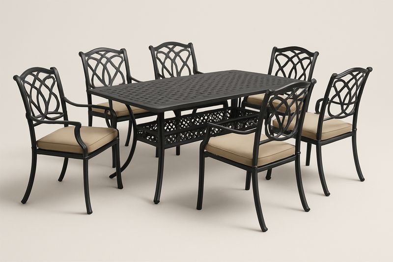 Ensemble de Salle à Manger Extérieur en Aluminium Noir avec Coussins Beige