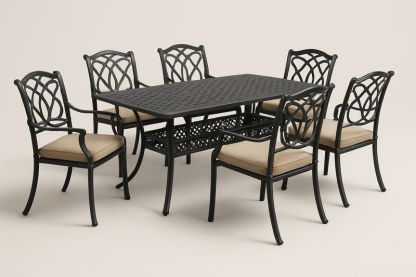 Ensemble de Salle à Manger Extérieur en Aluminium Noir avec Coussins Beige