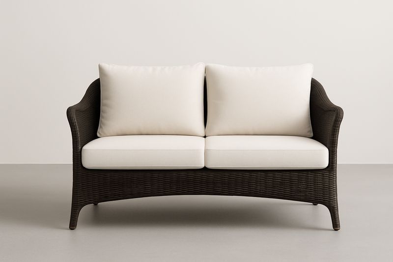 Canapé en résine tressée PE avec coussins polyester beige, 140×75×85 cm, brun foncé