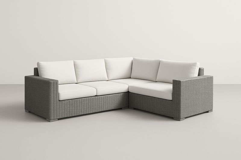 Canapé d’angle de jardin aluminium PE tressé gris/blanc avec coussins polyester amovibles, 210×210×70 cm