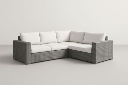 Canapé d’angle de jardin aluminium PE tressé gris/blanc avec coussins polyester amovibles, 210×210×70 cm