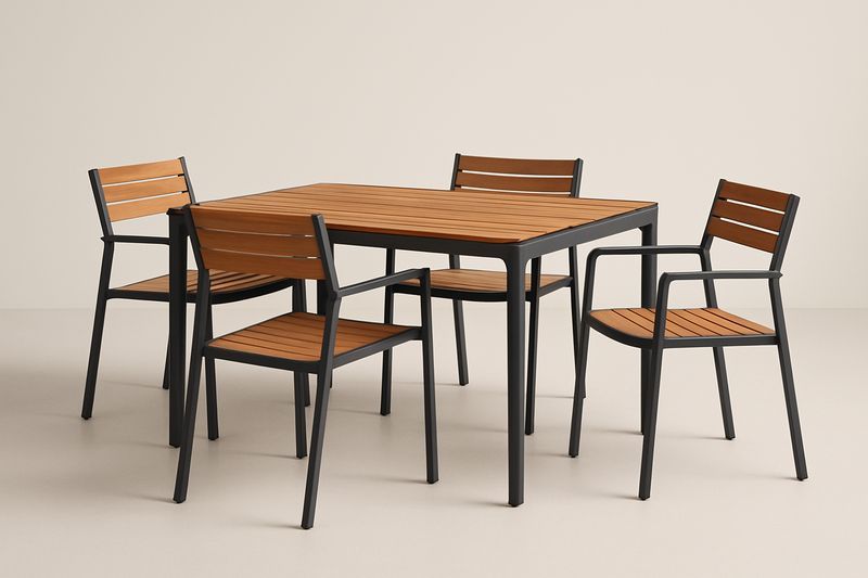 Ensemble salle à manger 5 pièces : table 140×90×75 cm + 4 chaises en bois composite et acier – Marron/Noir