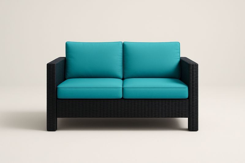 Canapé 2 places en résine tressée avec coussins turquoise